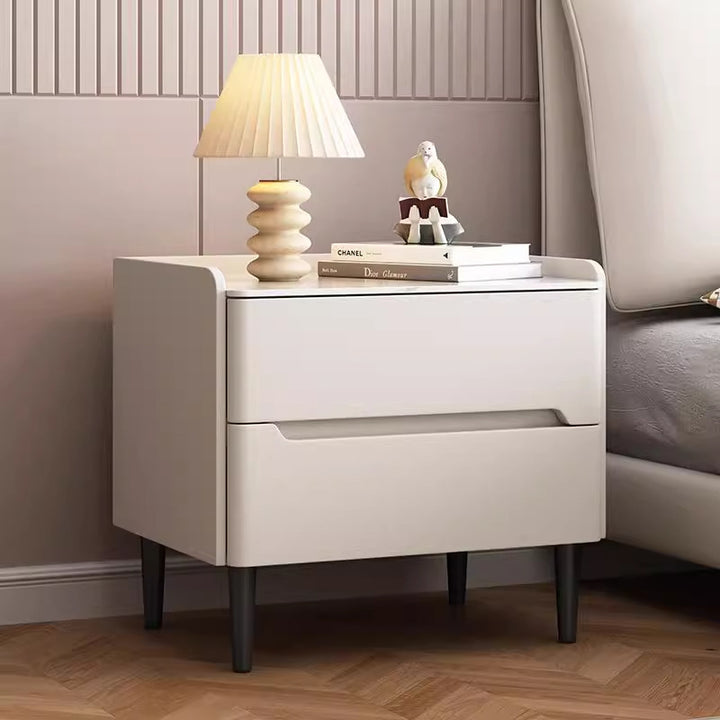 Moderner Luxus Sinterstein Kunstleder Holz Zylindrischer Rechteckiger Nachttisch mit 2 Schubladen für das Schlafzimmer 