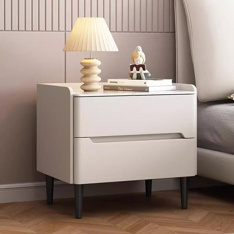 Moderna mesita de noche cilíndrica rectangular de lujo de piedra sinterizada de cuero y madera con 2 cajones para dormitorio 