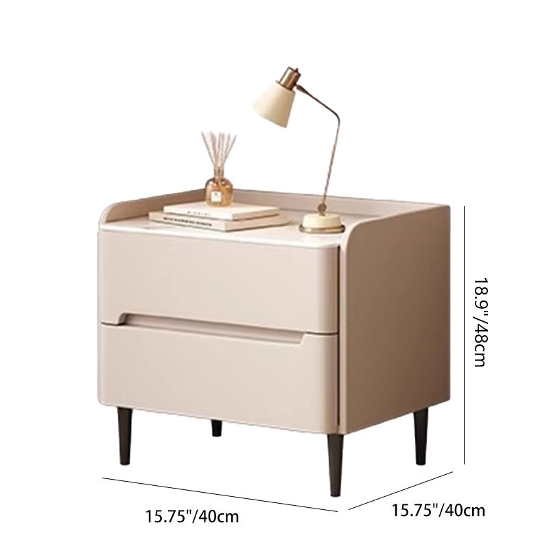 Moderna mesita de noche cilíndrica rectangular de lujo de piedra sinterizada de cuero y madera con 2 cajones para dormitorio 