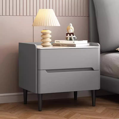 Moderna mesita de noche cilíndrica rectangular de lujo de piedra sinterizada de cuero y madera con 2 cajones para dormitorio 