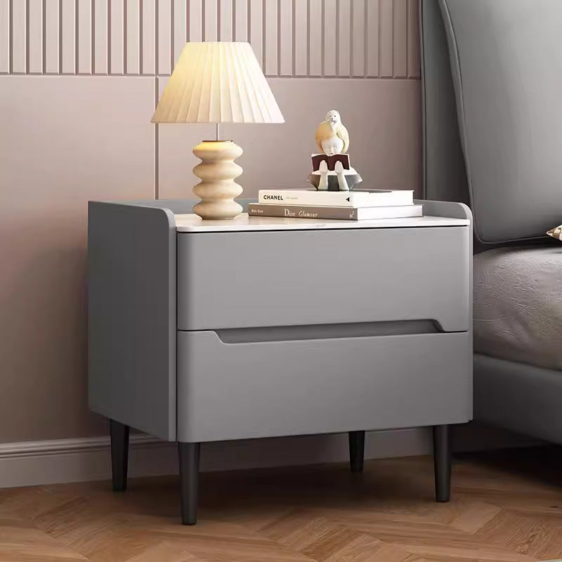 Moderna mesita de noche cilíndrica rectangular de lujo de piedra sinterizada de cuero y madera con 2 cajones para dormitorio 