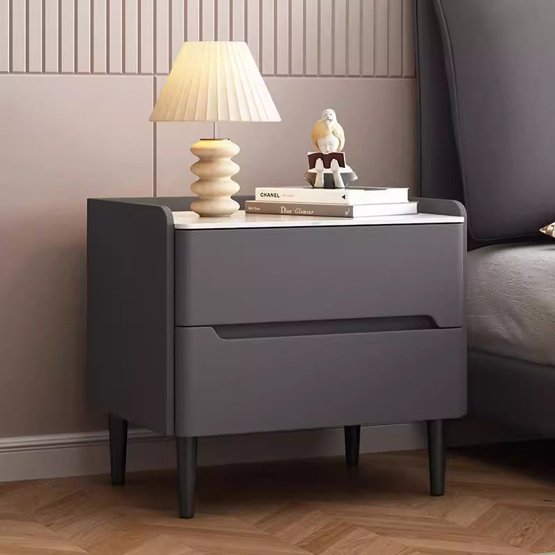 Moderna mesita de noche cilíndrica rectangular de lujo de piedra sinterizada de cuero y madera con 2 cajones para dormitorio 