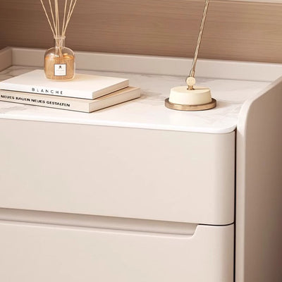Moderna mesita de noche cilíndrica rectangular de lujo de piedra sinterizada de cuero y madera con 2 cajones para dormitorio 
