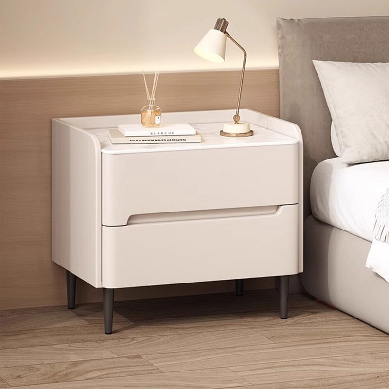 Moderna mesita de noche cilíndrica rectangular de lujo de piedra sinterizada de cuero y madera con 2 cajones para dormitorio 