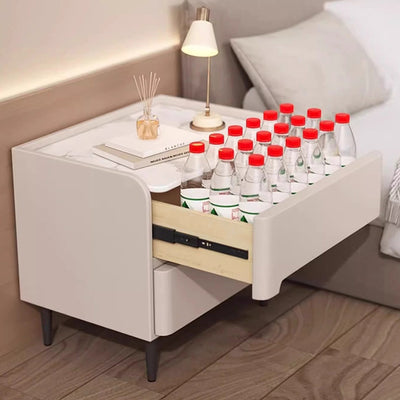 Moderna mesita de noche cilíndrica rectangular de lujo de piedra sinterizada de cuero y madera con 2 cajones para dormitorio 