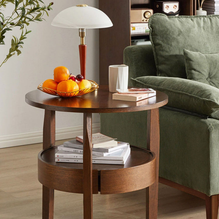 Modern Minimalist Solid Wood Round Slim-Leg Side Table 2-Tier For Living Room