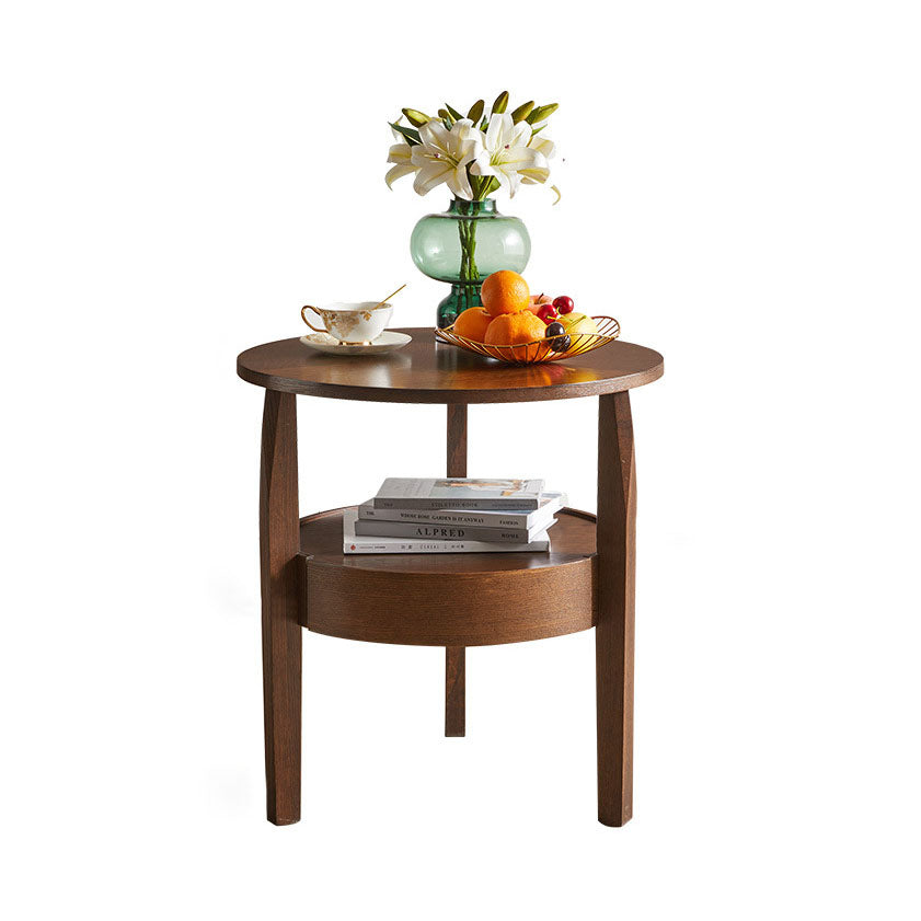 Modern Minimalist Solid Wood Round Slim-Leg Side Table 2-Tier For Living Room