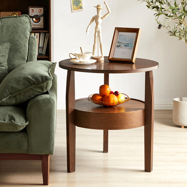 Modern Minimalist Solid Wood Round Slim-Leg Side Table 2-Tier For Living Room