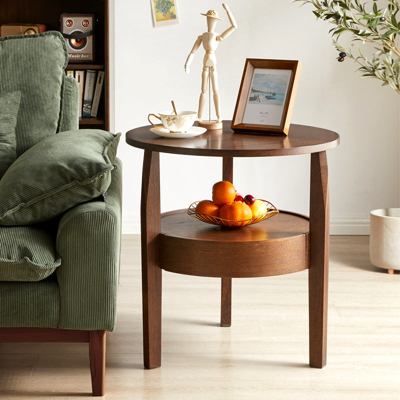 Moderner minimalistischer Beistelltisch aus massivem Holz mit runden, schlanken Beinen, 2-stufig, für das Wohnzimmer 