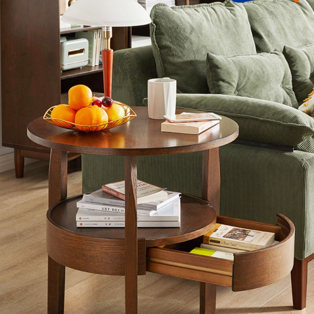 Modern Minimalist Solid Wood Round Slim-Leg Side Table 2-Tier For Living Room