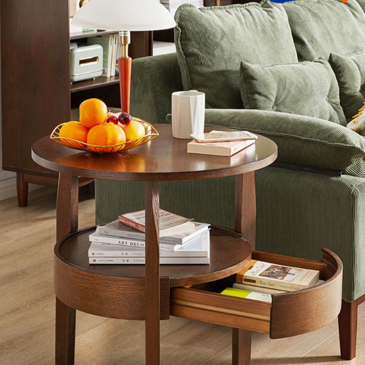 Modern Minimalist Solid Wood Round Slim-Leg Side Table 2-Tier For Living Room
