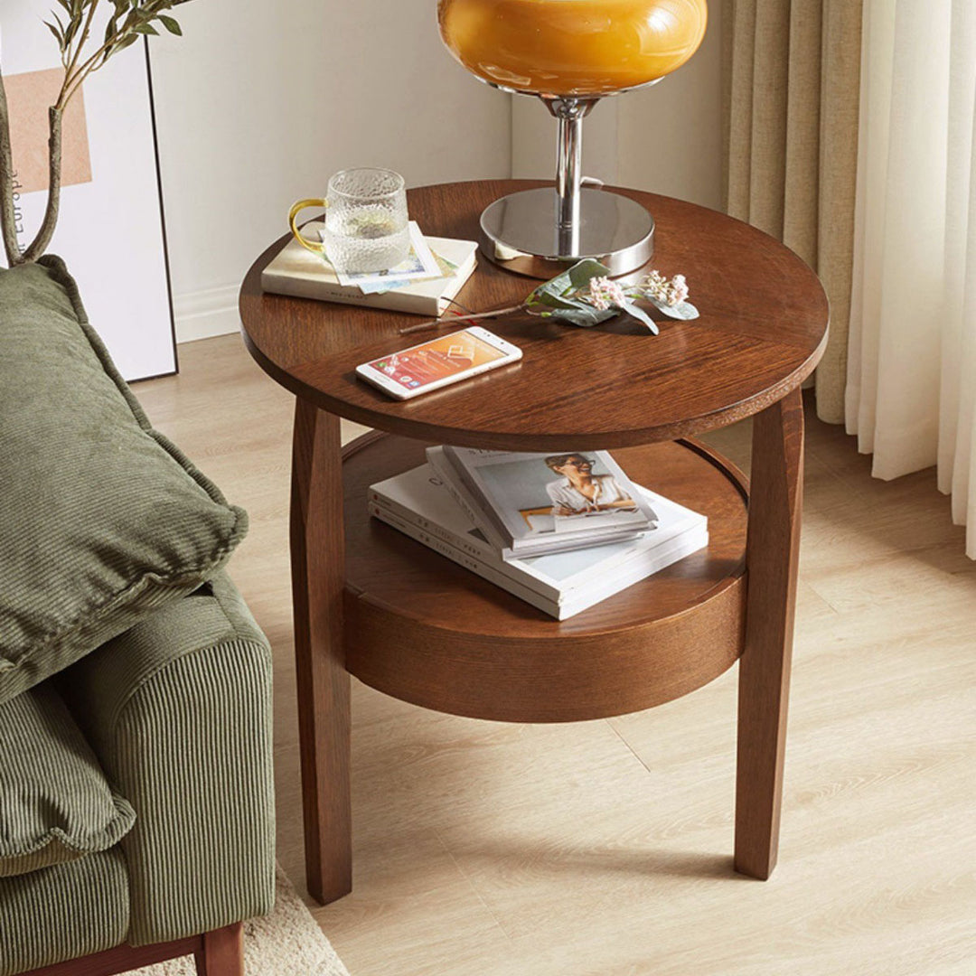 Modern Minimalist Solid Wood Round Slim-Leg Side Table 2-Tier For Living Room