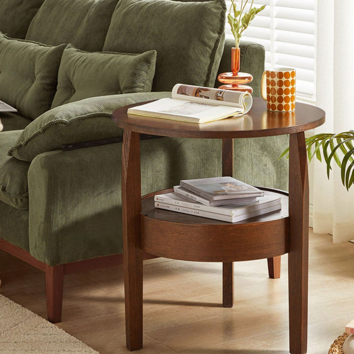 Modern Minimalist Solid Wood Round Slim-Leg Side Table 2-Tier For Living Room