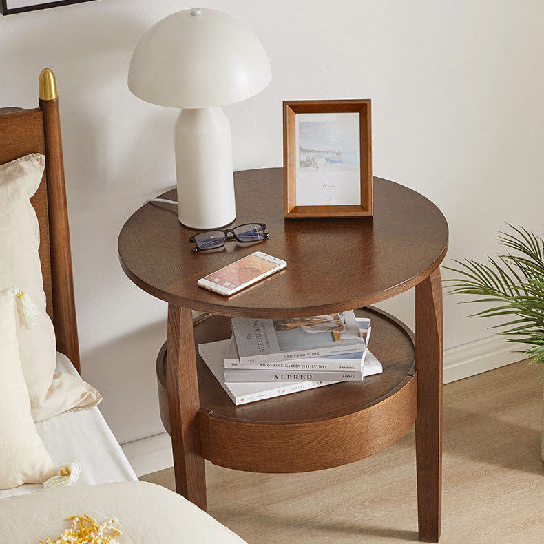 Modern Minimalist Solid Wood Round Slim-Leg Side Table 2-Tier For Living Room