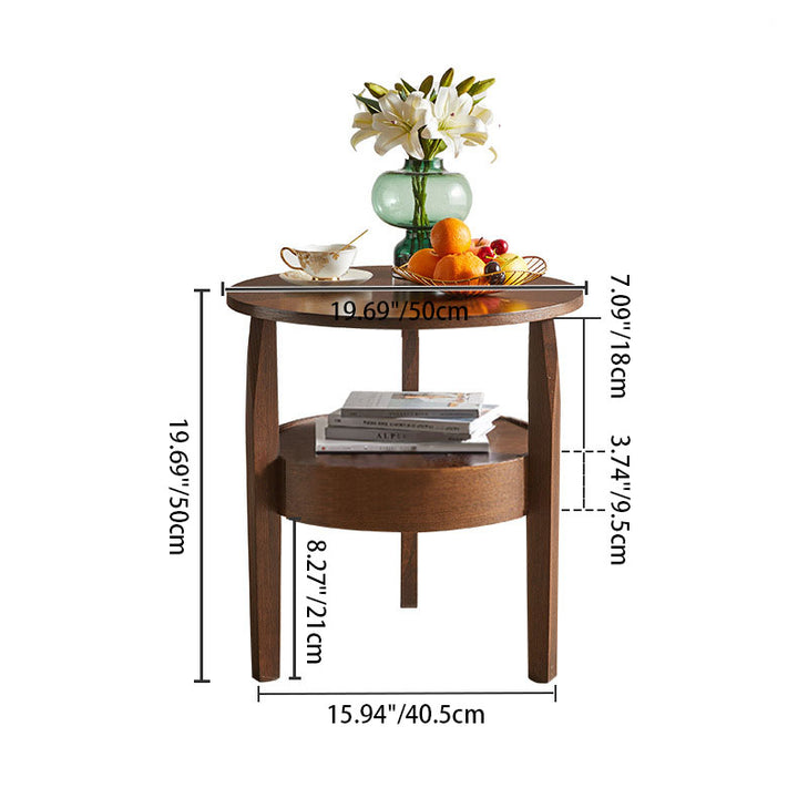 Modern Minimalist Solid Wood Round Slim-Leg Side Table 2-Tier For Living Room