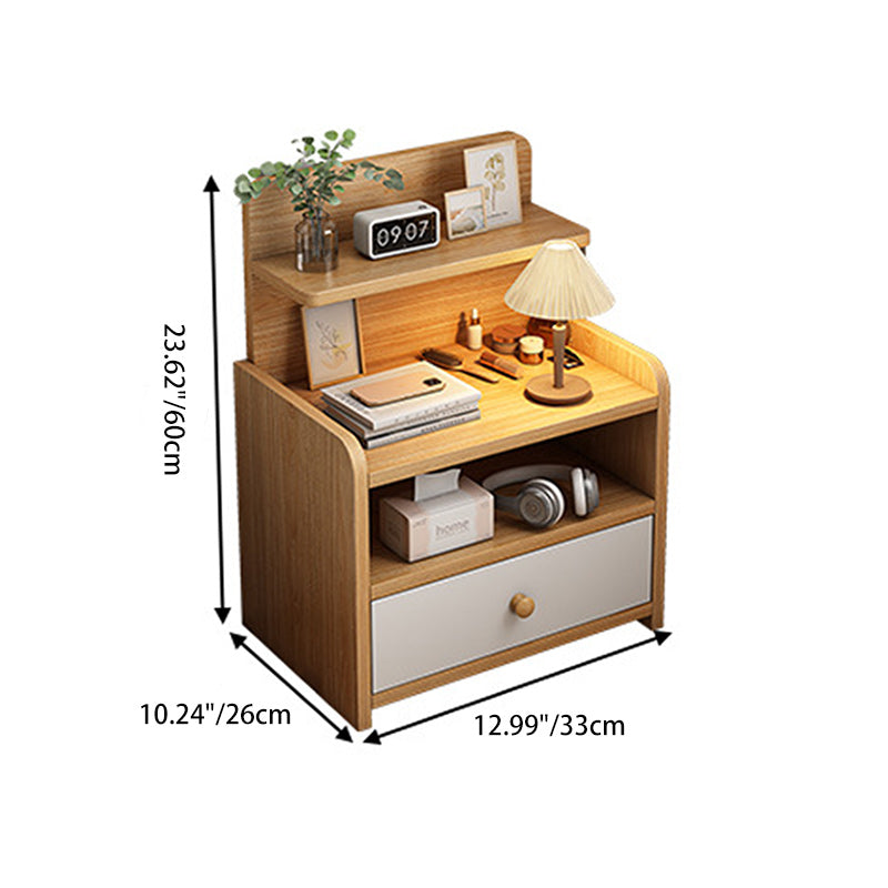 Mesita de noche moderna minimalista de tablero de fibra de densidad media de madera maciza con forma de rectángulo redondeado con 1/2 cajones para dormitorio 