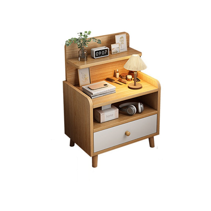 Mesita de noche moderna minimalista de tablero de fibra de densidad media de madera maciza con forma de rectángulo redondeado con 1/2 cajones para dormitorio 