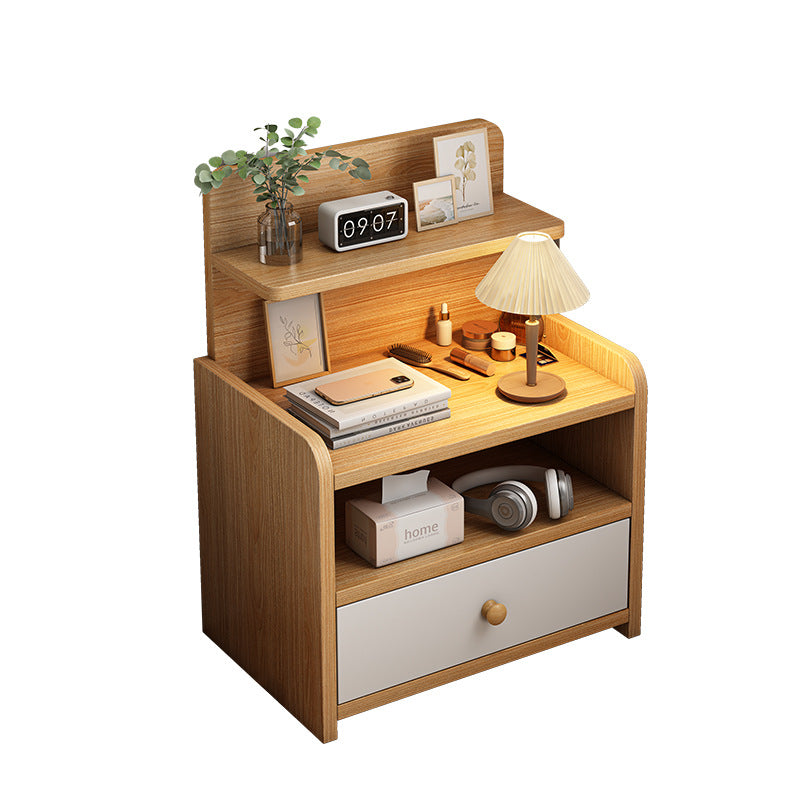 Mesita de noche moderna minimalista de tablero de fibra de densidad media de madera maciza con forma de rectángulo redondeado con 1/2 cajones para dormitorio 