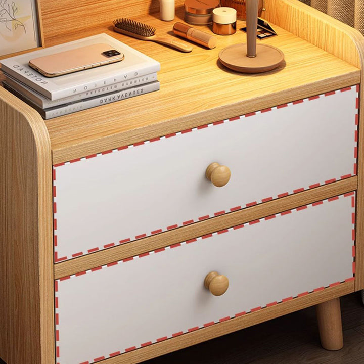 Mesita de noche moderna minimalista de tablero de fibra de densidad media de madera maciza con forma de rectángulo redondeado con 1/2 cajones para dormitorio 