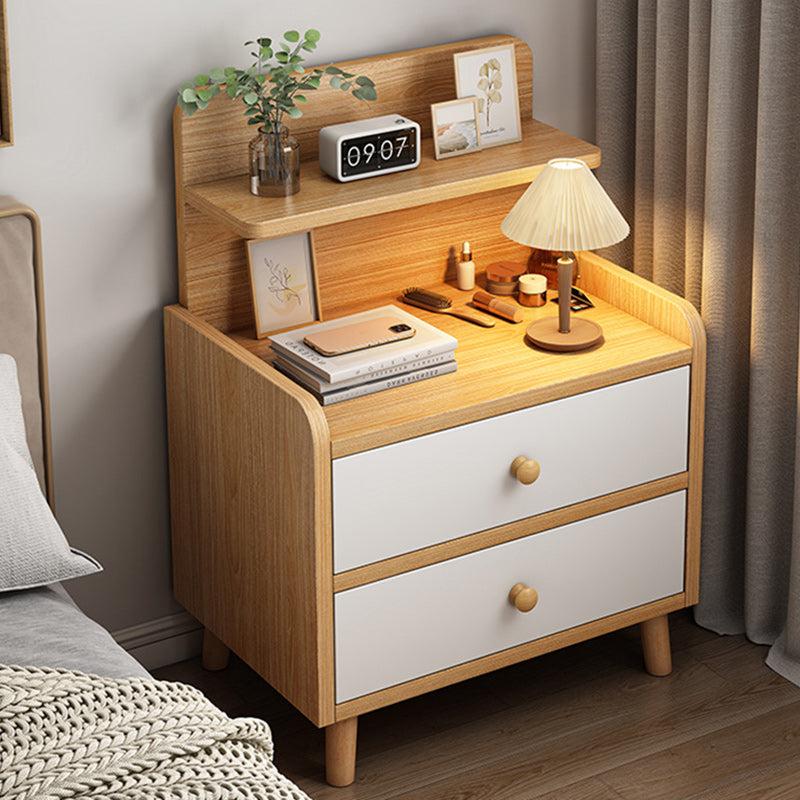 Mesita de noche moderna minimalista de tablero de fibra de densidad media de madera maciza con forma de rectángulo redondeado con 1/2 cajones para dormitorio 