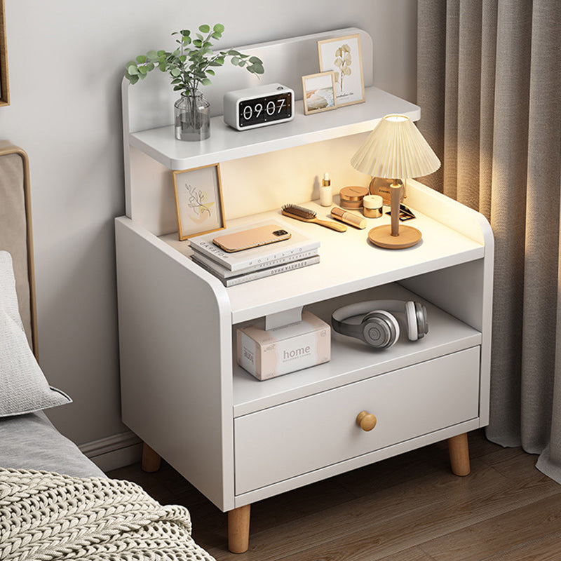 Mesita de noche moderna minimalista de tablero de fibra de densidad media de madera maciza con forma de rectángulo redondeado con 1/2 cajones para dormitorio 
