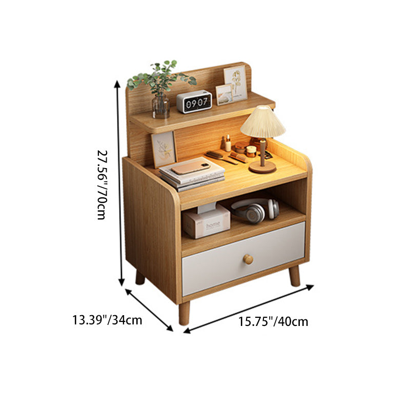 Mesita de noche moderna minimalista de tablero de fibra de densidad media de madera maciza con forma de rectángulo redondeado con 1/2 cajones para dormitorio 