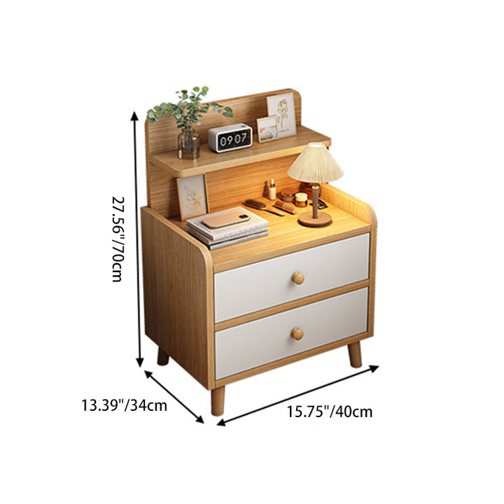 Mesita de noche moderna minimalista de tablero de fibra de densidad media de madera maciza con forma de rectángulo redondeado con 1/2 cajones para dormitorio 