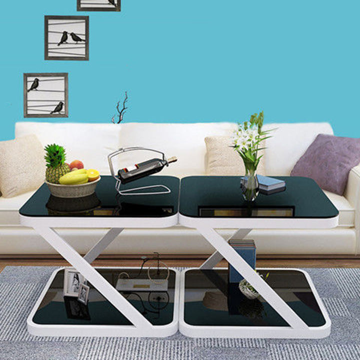 Moderner minimalistischer Beistelltisch aus gehärtetem Glas und Edelstahl in Z-Form mit abgerundeten Kanten und 2 Ebenen für das Wohnzimmer 