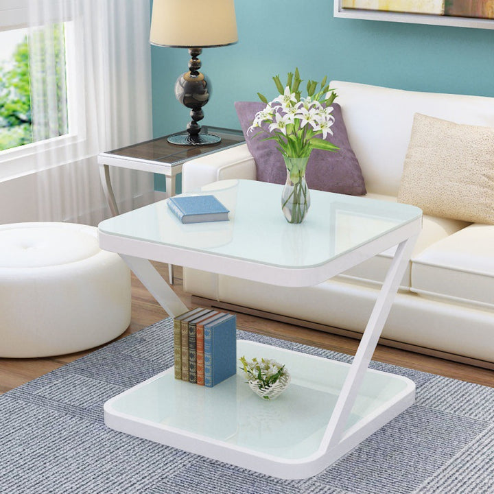 Moderner minimalistischer Beistelltisch aus gehärtetem Glas und Edelstahl in Z-Form mit abgerundeten Kanten und 2 Ebenen für das Wohnzimmer 