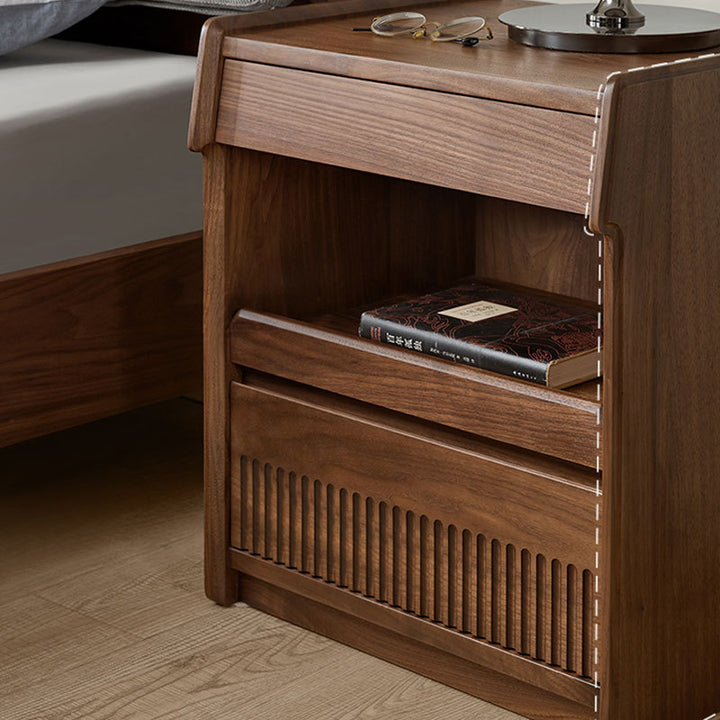 Traditional Vintage Black Walnut Grain Rectangular Nightstand With 2 Drawers For Bedroom