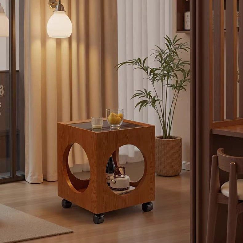 Contemporary Creative Tempered Glass Solid Wood Hollow Square End Table With 2-Tiers For Living Room