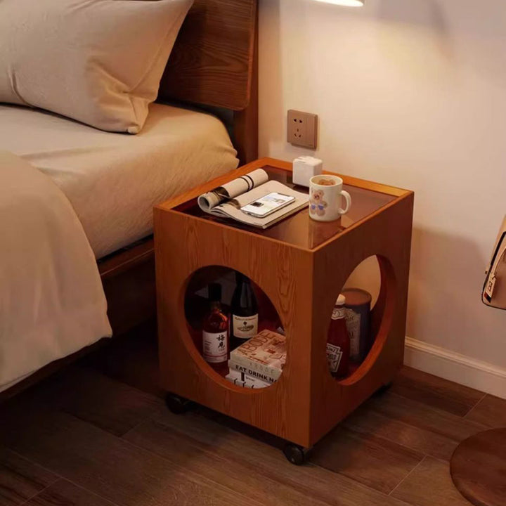 Contemporary Creative Tempered Glass Solid Wood Hollow Square End Table With 2-Tiers For Living Room