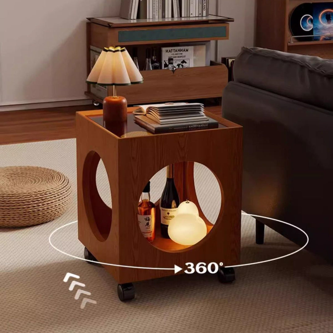 Contemporary Creative Tempered Glass Solid Wood Hollow Square End Table With 2-Tiers For Living Room