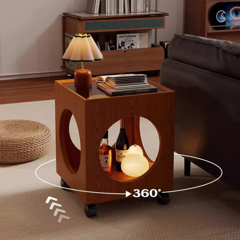 Zeitgenössischer kreativer Couchtisch aus gehärtetem Glas und Massivholz mit hohlem quadratischem Design und 2 Ebenen für das Wohnzimmer 
