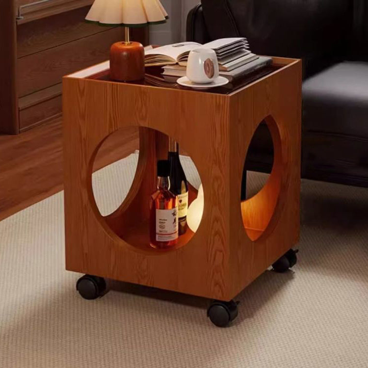 Contemporary Creative Tempered Glass Solid Wood Hollow Square End Table With 2-Tiers For Living Room