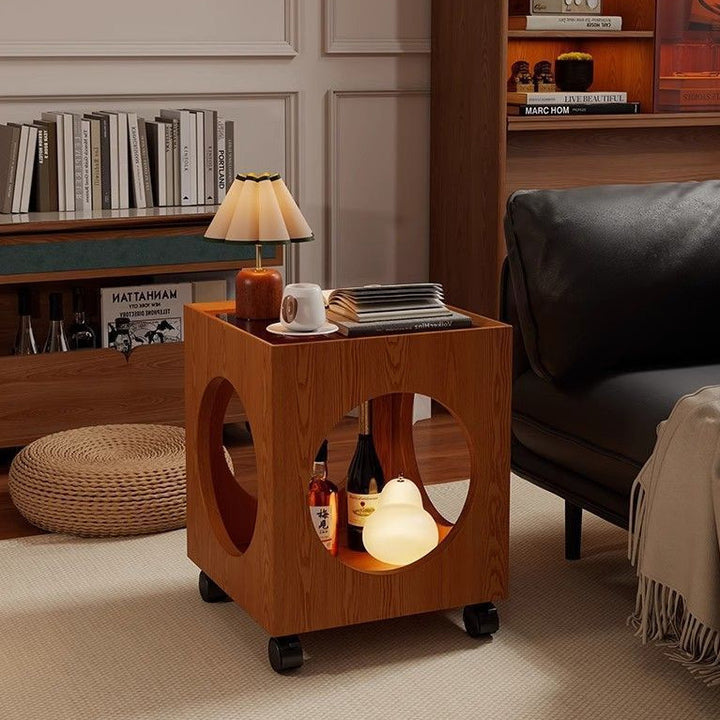 Contemporary Creative Tempered Glass Solid Wood Hollow Square End Table With 2-Tiers For Living Room