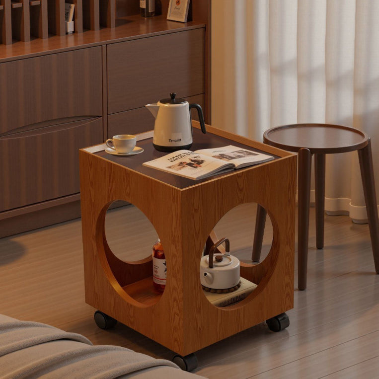 Contemporary Creative Tempered Glass Solid Wood Hollow Square End Table With 2-Tiers For Living Room