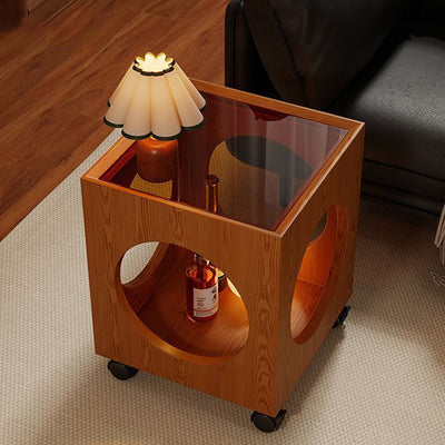 Zeitgenössischer kreativer Couchtisch aus gehärtetem Glas und Massivholz mit hohlem quadratischem Design und 2 Ebenen für das Wohnzimmer 