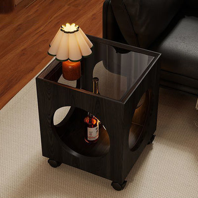 Zeitgenössischer kreativer Couchtisch aus gehärtetem Glas und Massivholz mit hohlem quadratischem Design und 2 Ebenen für das Wohnzimmer 