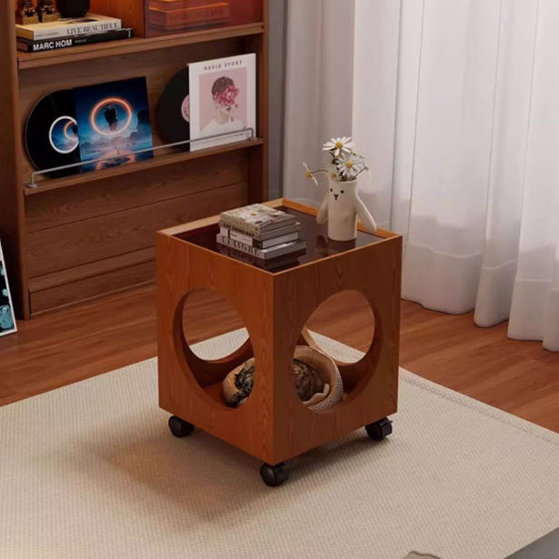 Contemporary Creative Tempered Glass Solid Wood Hollow Square End Table With 2-Tiers For Living Room