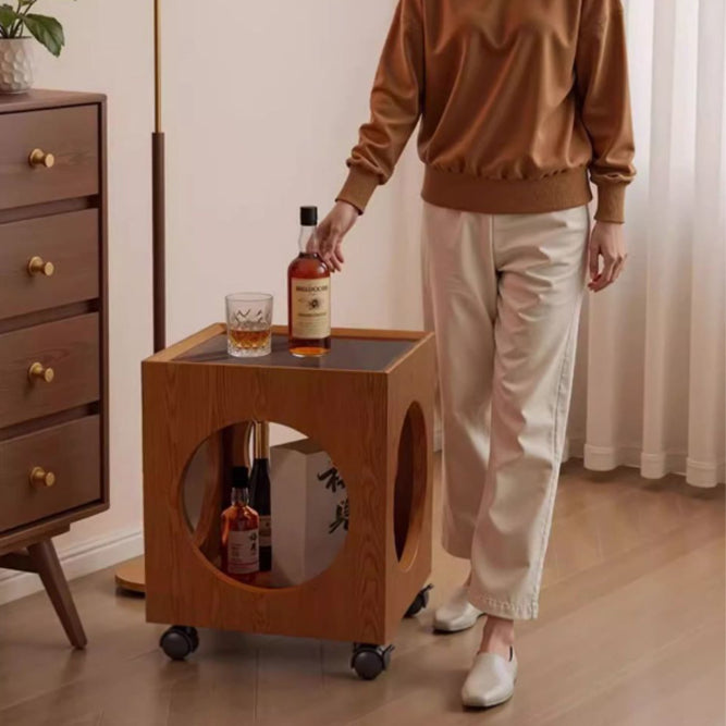 Contemporary Creative Tempered Glass Solid Wood Hollow Square End Table With 2-Tiers For Living Room