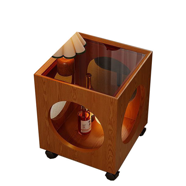Contemporary Creative Tempered Glass Solid Wood Hollow Square End Table With 2-Tiers For Living Room