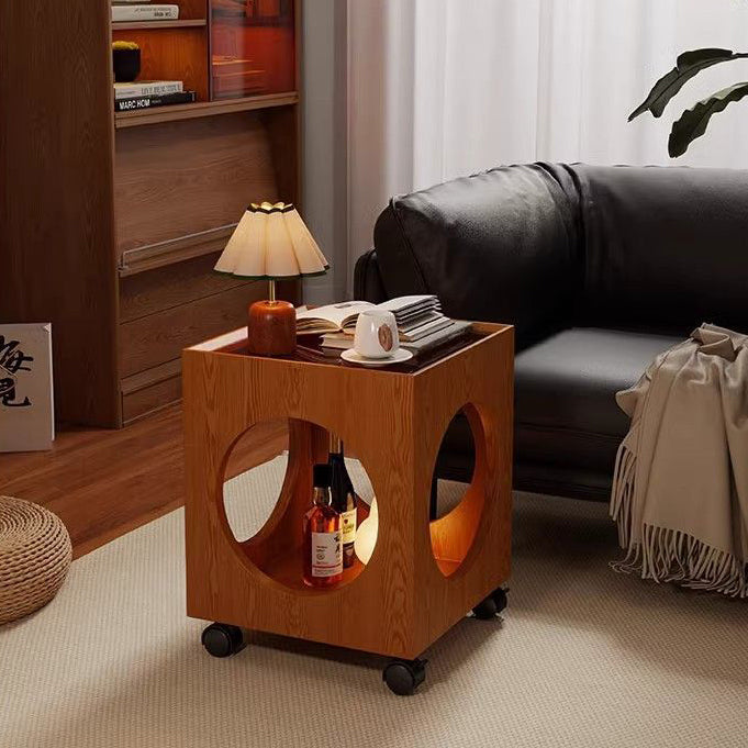 Contemporary Creative Tempered Glass Solid Wood Hollow Square End Table With 2-Tiers For Living Room