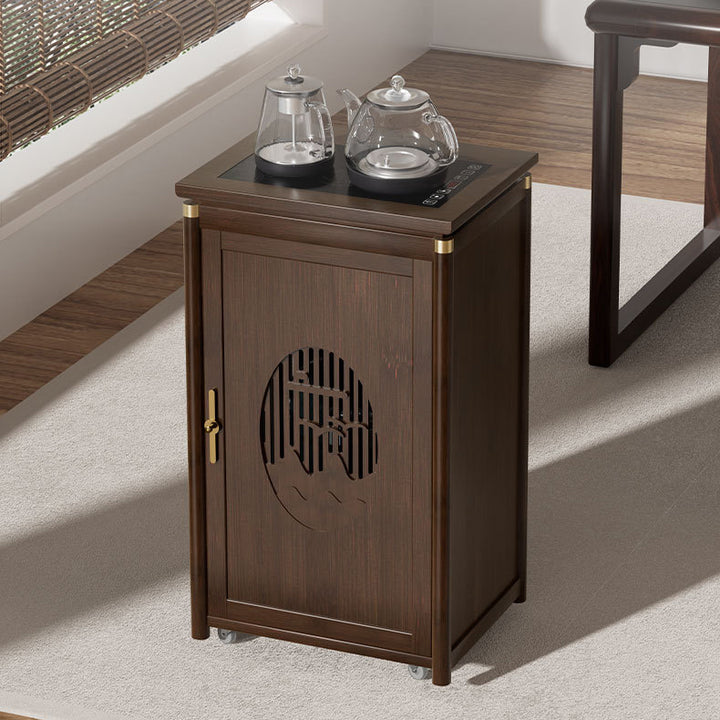 Traditional Vintage Bamboo MDF Carved Rectangular End Table With 1-Storage For Living Room
