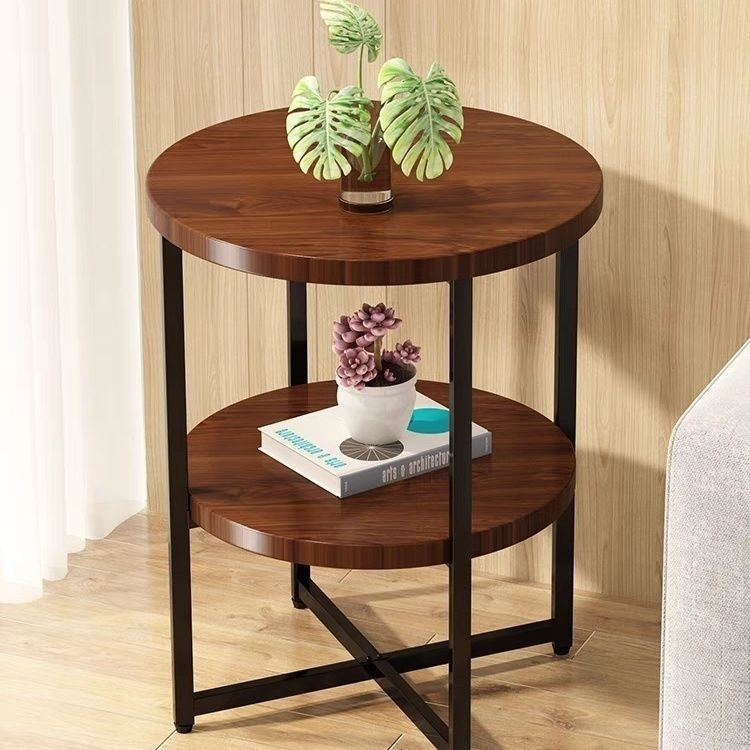 Traditional Vintage Solid Wood Metal Round Cross-Leg End Table With 2-Tier For Living Room