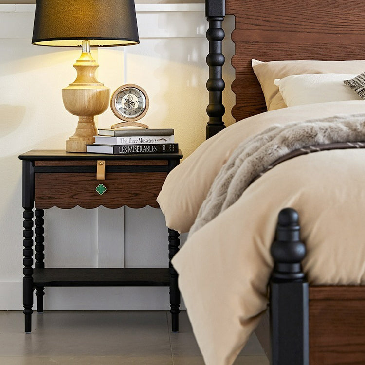 Chevet Vintage Traditionnel en Bois Massif Ondulé Carré Cylindre à 2 Niveaux pour Chambre 
