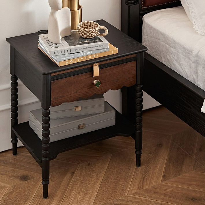 Chevet Vintage Traditionnel en Bois Massif Ondulé Carré Cylindre à 2 Niveaux pour Chambre 