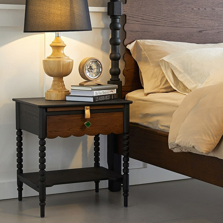 Chevet Vintage Traditionnel en Bois Massif Ondulé Carré Cylindre à 2 Niveaux pour Chambre 