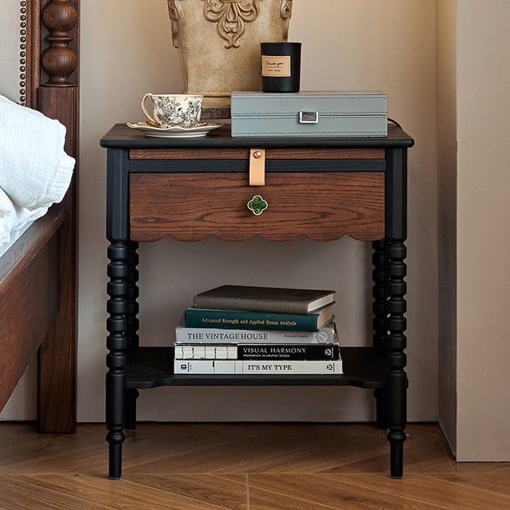 Chevet Vintage Traditionnel en Bois Massif Ondulé Carré Cylindre à 2 Niveaux pour Chambre 