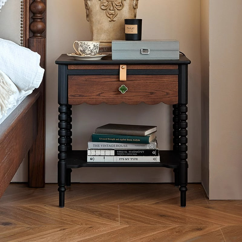 Chevet Vintage Traditionnel en Bois Massif Ondulé Carré Cylindre à 2 Niveaux pour Chambre 